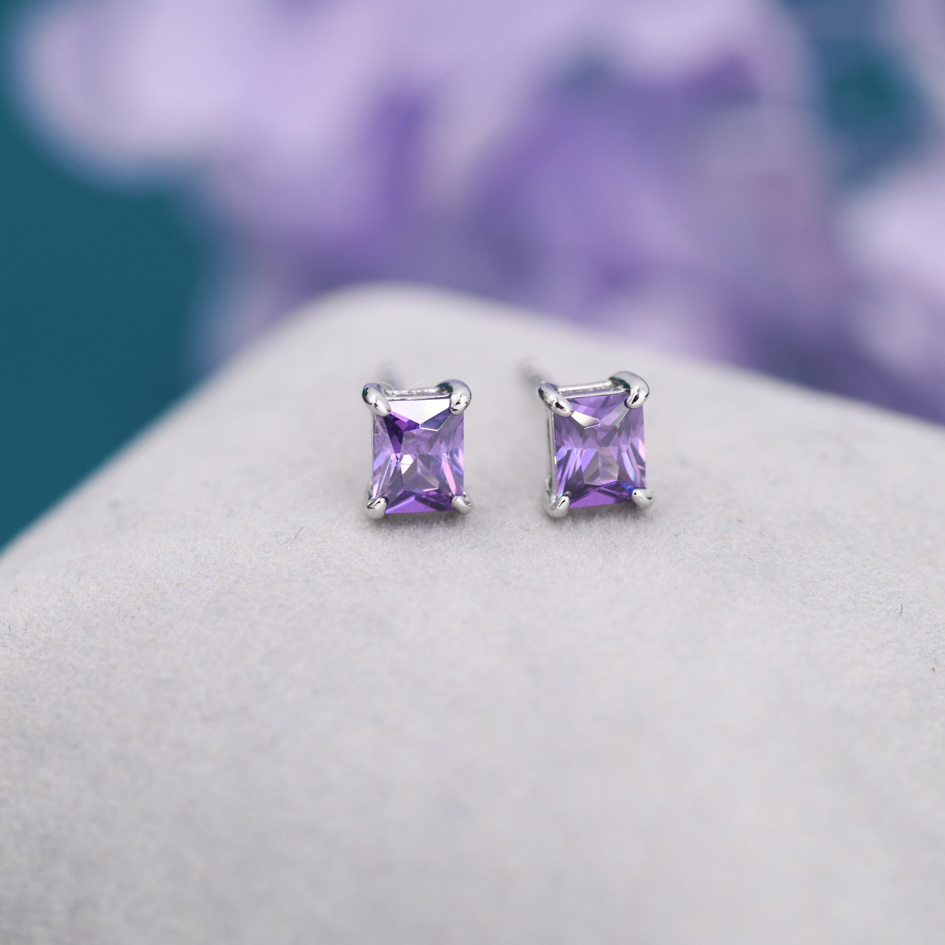 Emerald Cut Amethyst Purple CZ Stud Earrings in Sterling Silver, Silver or Gold, Square Cut Crystal Earrings, February Birthstone