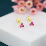 Tiny Three CZ Pink Screw Back Earrings in Sterling Silver with Ruby Pink CZs, Simple and Minimalist, Geometric and Discreet, Pink Screwback