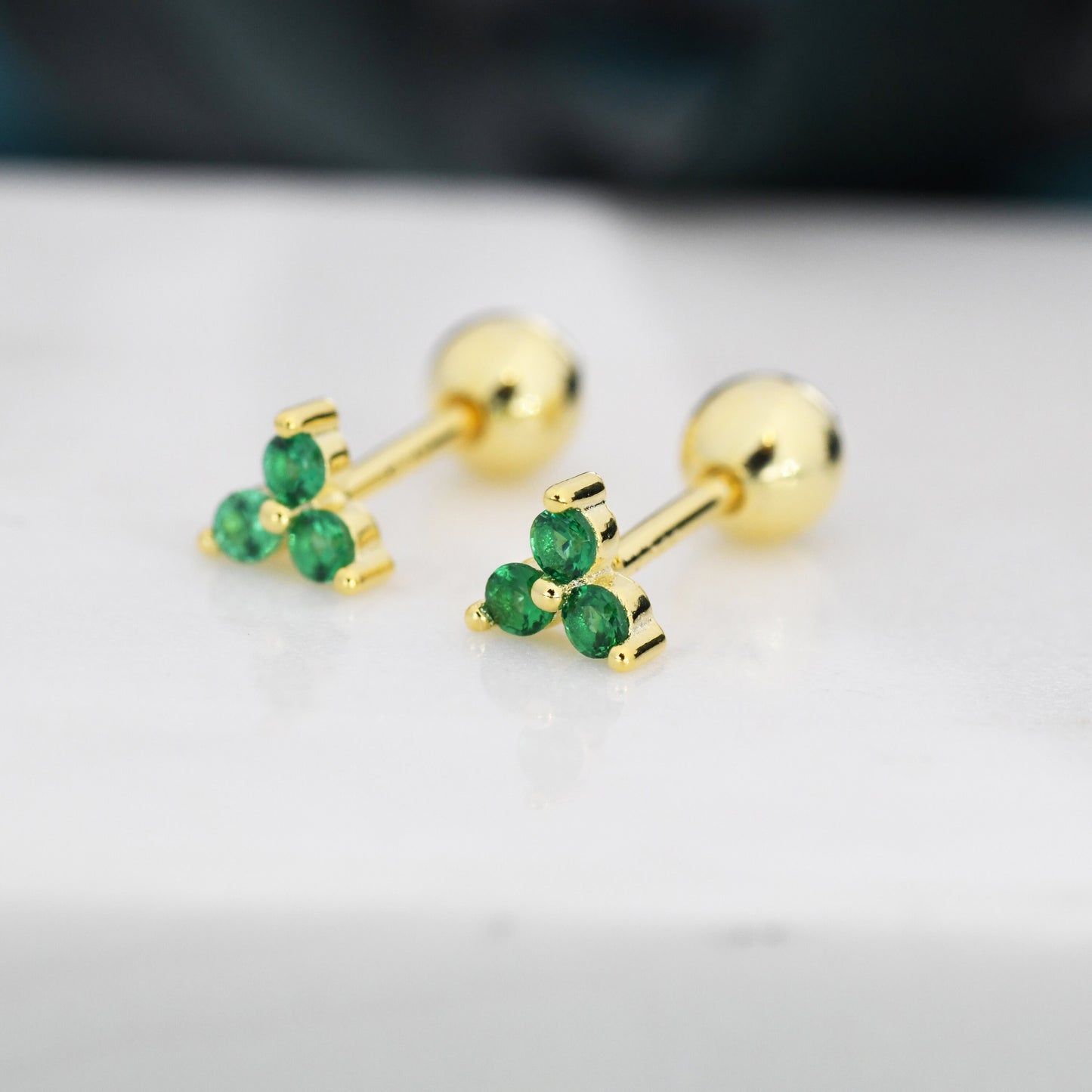 Tiny Three  Emerald Green CZ Screw Back Earrings in Sterling Silver, Green CZ Trinity Screwback, CZ Trio Earrings