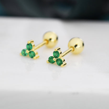 Tiny Three  Emerald Green CZ Screw Back Earrings in Sterling Silver, Green CZ Trinity Screwback, CZ Trio Earrings