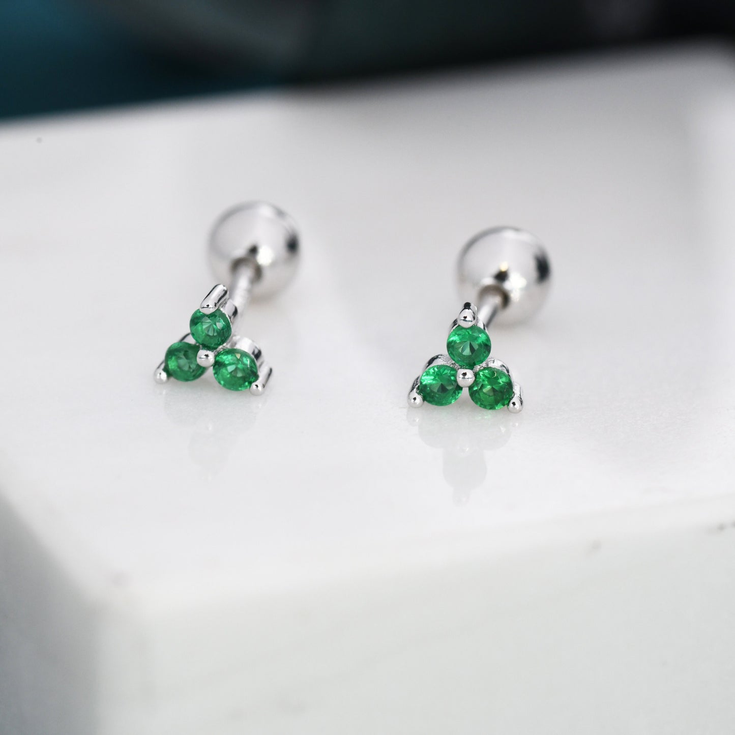 Tiny Three  Emerald Green CZ Screw Back Earrings in Sterling Silver, Green CZ Trinity Screwback, CZ Trio Earrings