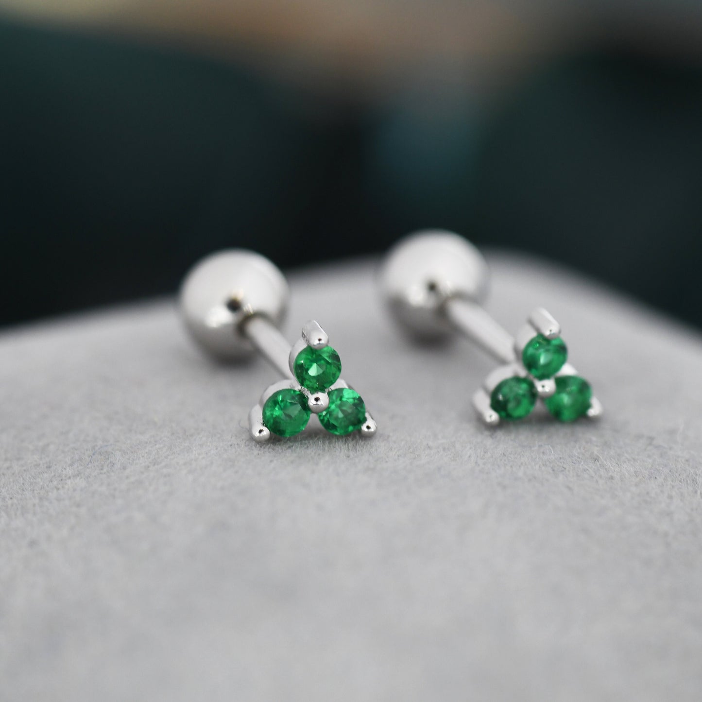 Tiny Three  Emerald Green CZ Screw Back Earrings in Sterling Silver, Green CZ Trinity Screwback, CZ Trio Earrings