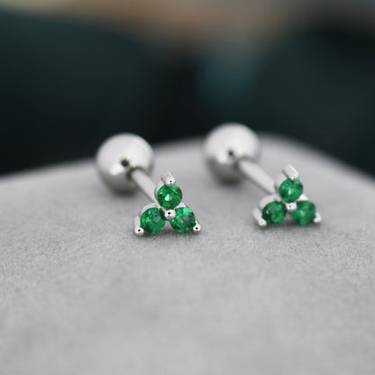 Tiny Three  Emerald Green CZ Screw Back Earrings in Sterling Silver, Green CZ Trinity Screwback, CZ Trio Earrings