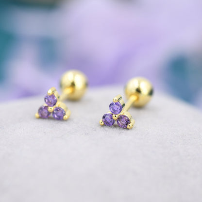 Tiny Three  Amethyst Purple CZ Screw Back Earrings in Sterling Silver, Purple CZ Trinity Screwback, CZ Trio Earrings