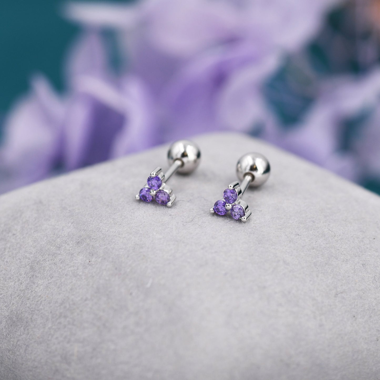 Tiny Three  Amethyst Purple CZ Screw Back Earrings in Sterling Silver, Purple CZ Trinity Screwback, CZ Trio Earrings