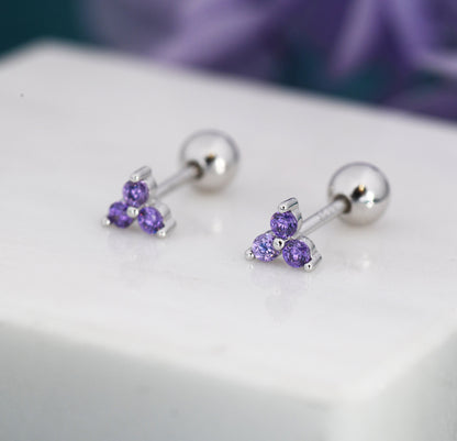 Tiny Three  Amethyst Purple CZ Screw Back Earrings in Sterling Silver, Purple CZ Trinity Screwback, CZ Trio Earrings