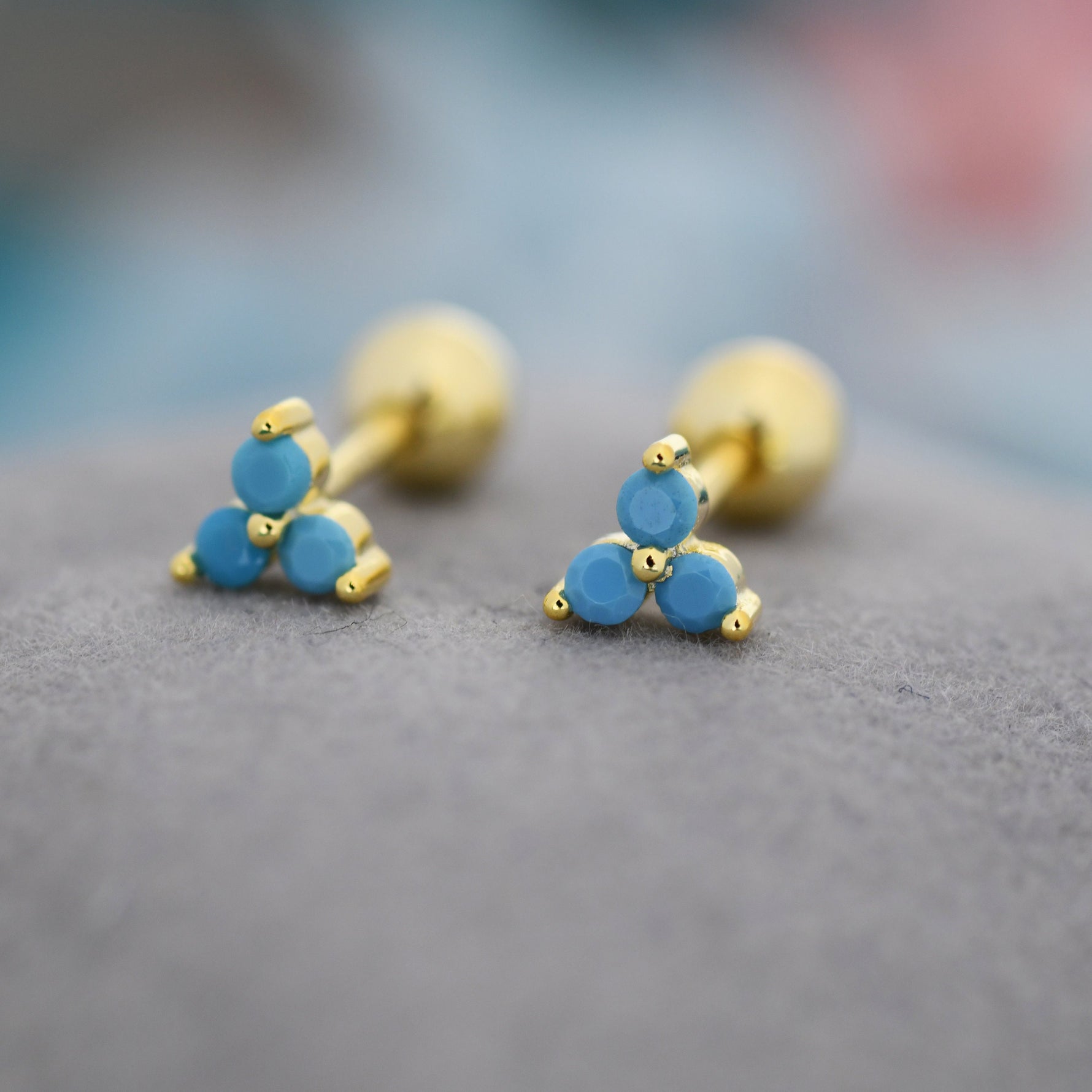 Tiny Three Turquoise Screw Back Earrings in Sterling Silver, Turquoise CZ Trinity Screwback, CZ Trio Earrings