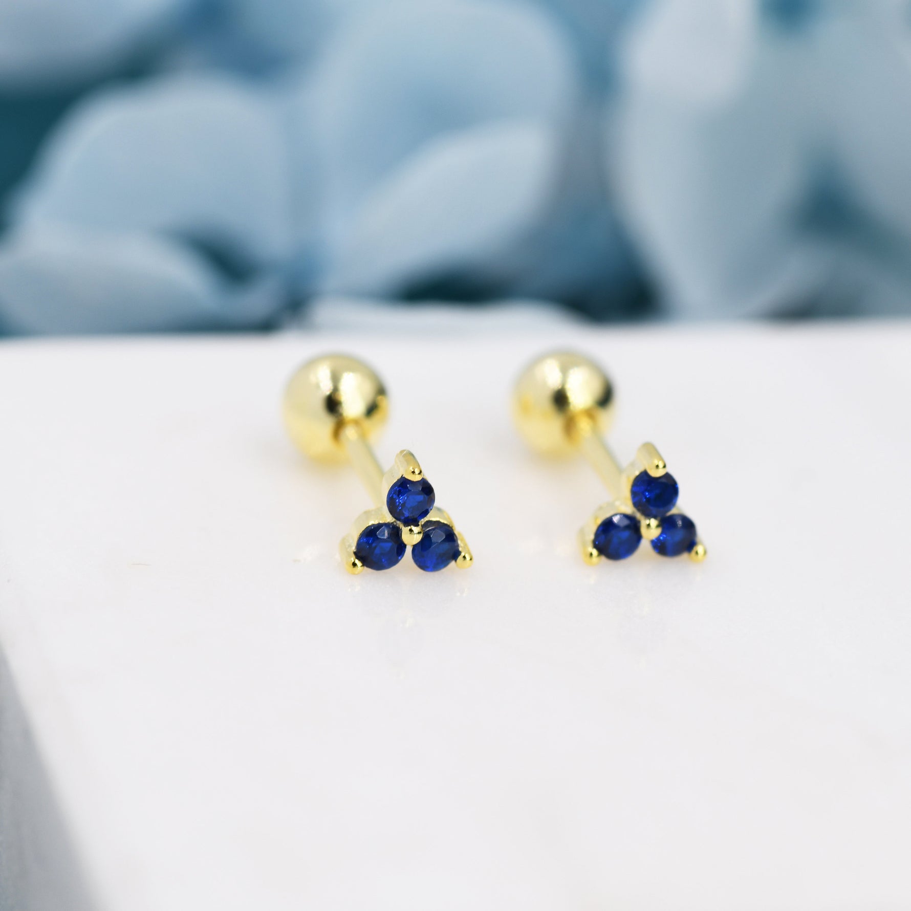 Tiny Three Sapphire Blue CZ Screw Back Earrings in Sterling Silver, Blue CZ Trinity Screwback, CZ Trio Earrings