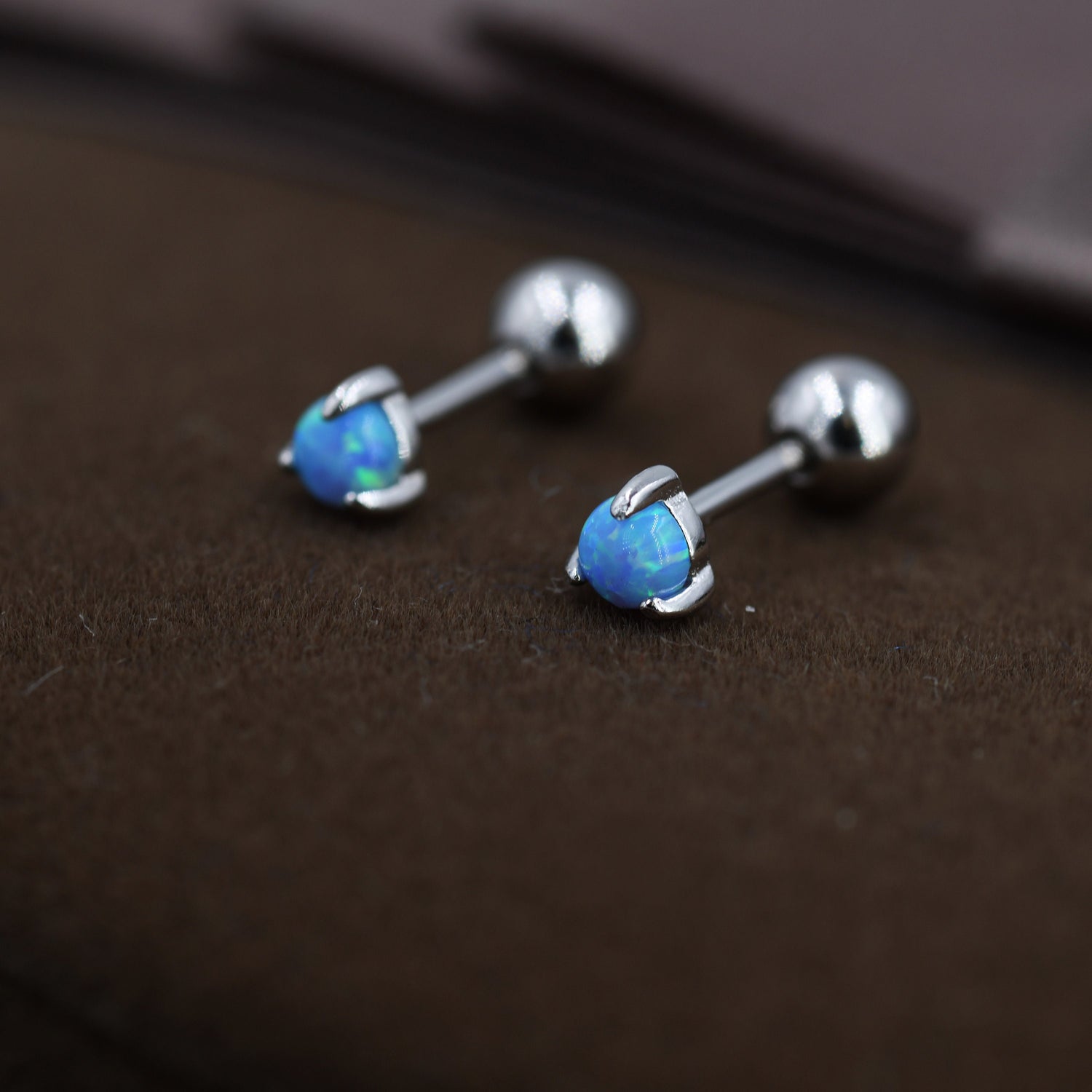 Blue Opal Screw back Earrings in Sterling Silver, Silver or Gold, Opal Three Prong Earrings,  Screwback Earrings, Opal Barbell Earrings