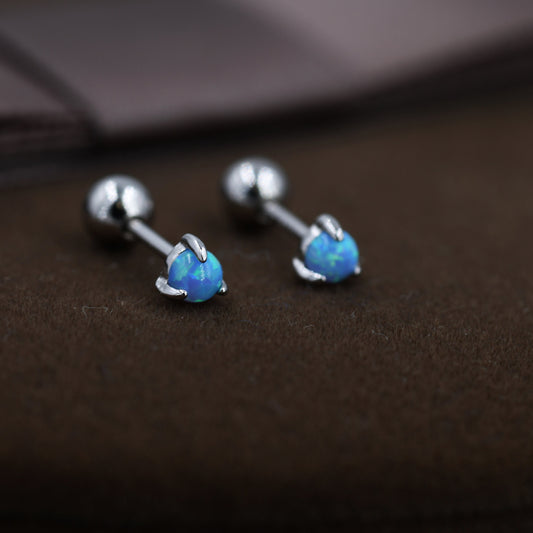 Blue Opal Screw back Earrings in Sterling Silver, Silver or Gold, Opal Three Prong Earrings,  Screwback Earrings, Opal Barbell Earrings