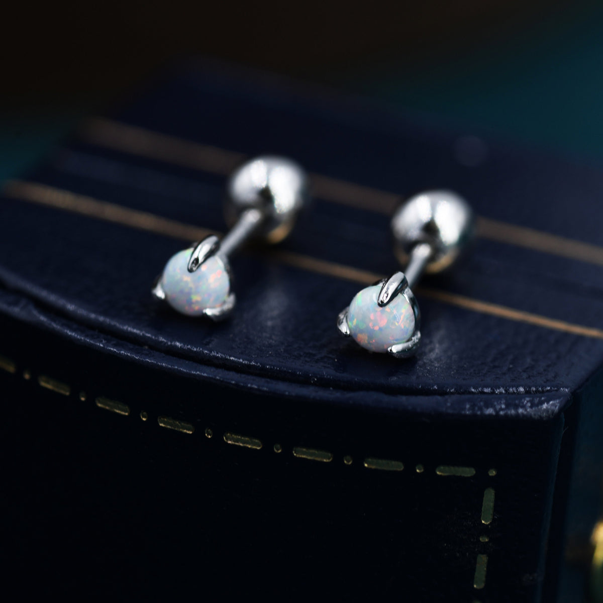 White Opal Screw back Earrings in Sterling Silver, Silver or Gold, Opal Three Prong Earrings, Screwback Earrings, Opal Barbell Earrings