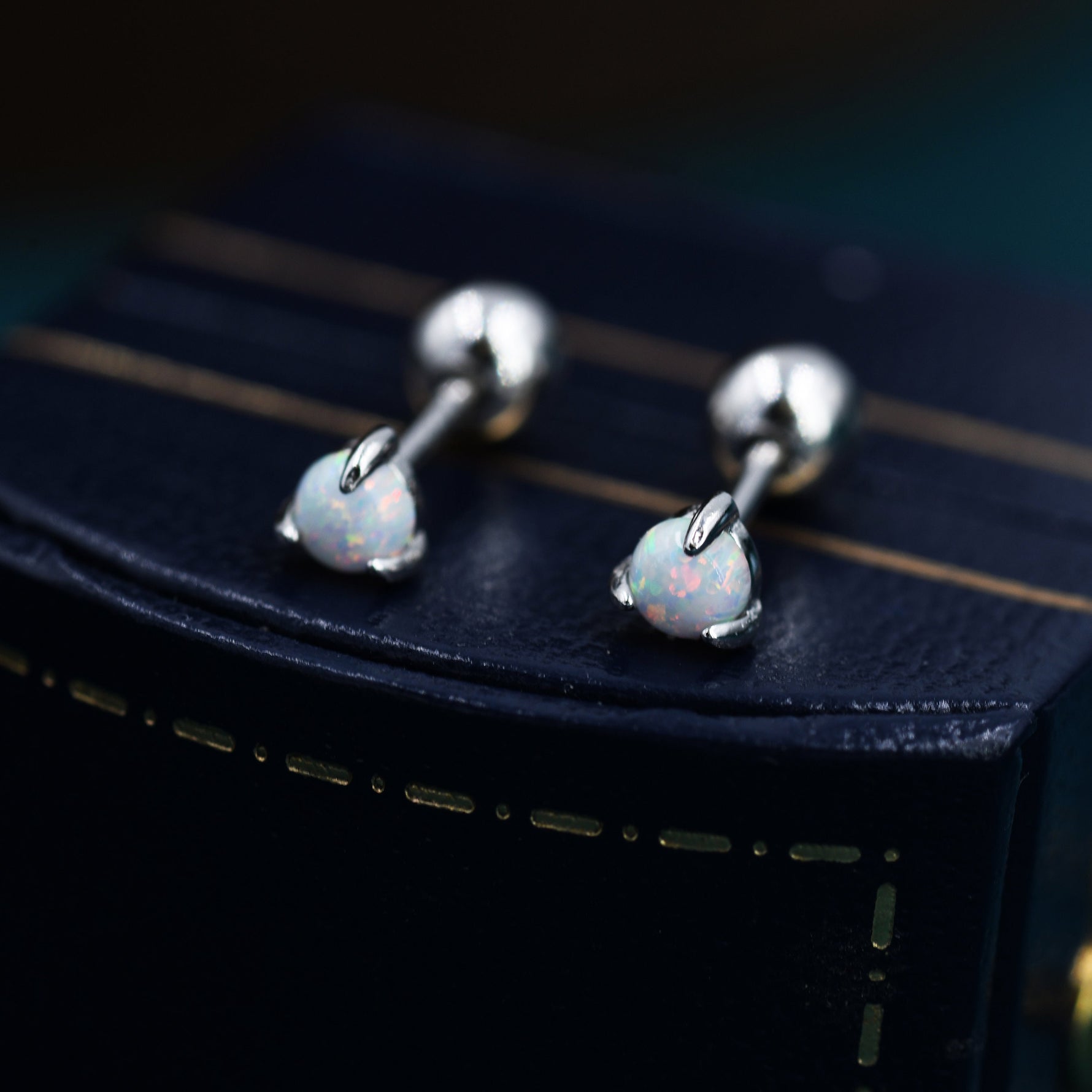 White Opal Screw back Earrings in Sterling Silver, Silver or Gold, Opal Three Prong Earrings, Screwback Earrings, Opal Barbell Earrings