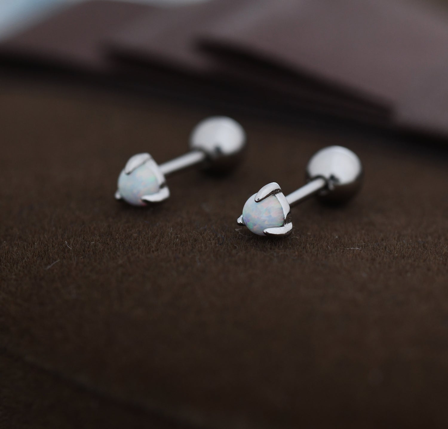 White Opal Screw back Earrings in Sterling Silver, Silver or Gold, Opal Three Prong Earrings, Screwback Earrings, Opal Barbell Earrings