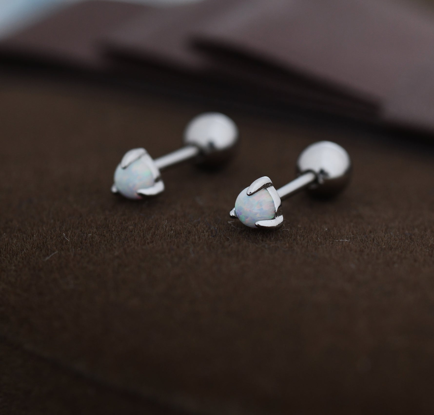 White Opal Screw back Earrings in Sterling Silver, Silver or Gold, Opal Three Prong Earrings, Screwback Earrings, Opal Barbell Earrings