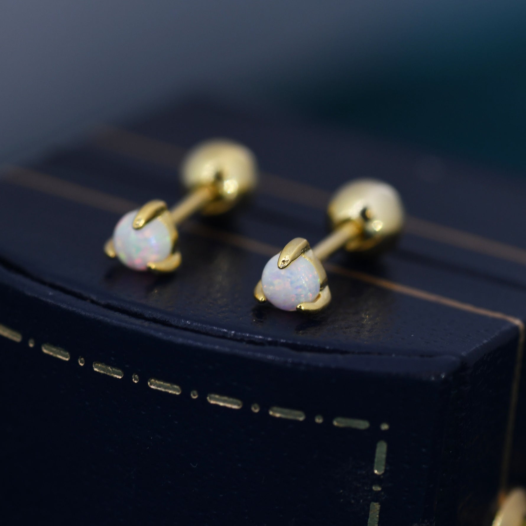 White Opal Screw back Earrings in Sterling Silver, Silver or Gold, Opal Three Prong Earrings, Screwback Earrings, Opal Barbell Earrings