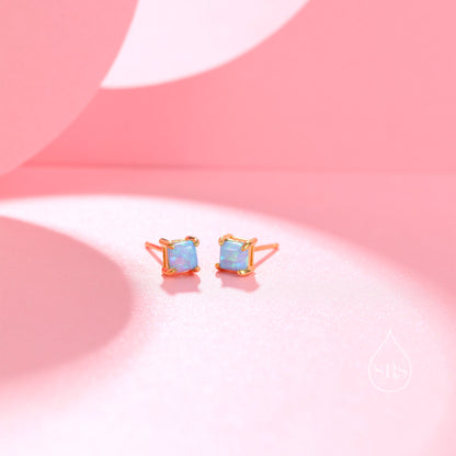 Blue Opal Square Stud Earrings in Sterling Silver - Gold or Silver - Opal Cube Earrings - Petite Stud Earrings, Blue Opal, Square Shape