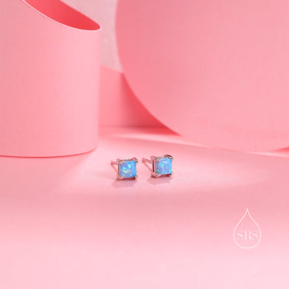 Blue Opal Square Stud Earrings in Sterling Silver - Gold or Silver - Opal Cube Earrings - Petite Stud Earrings, Blue Opal, Square Shape