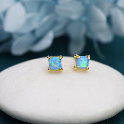 Blue Opal Square Stud Earrings in Sterling Silver - Gold or Silver - Opal Cube Earrings - Petite Stud Earrings, Blue Opal, Square Shape