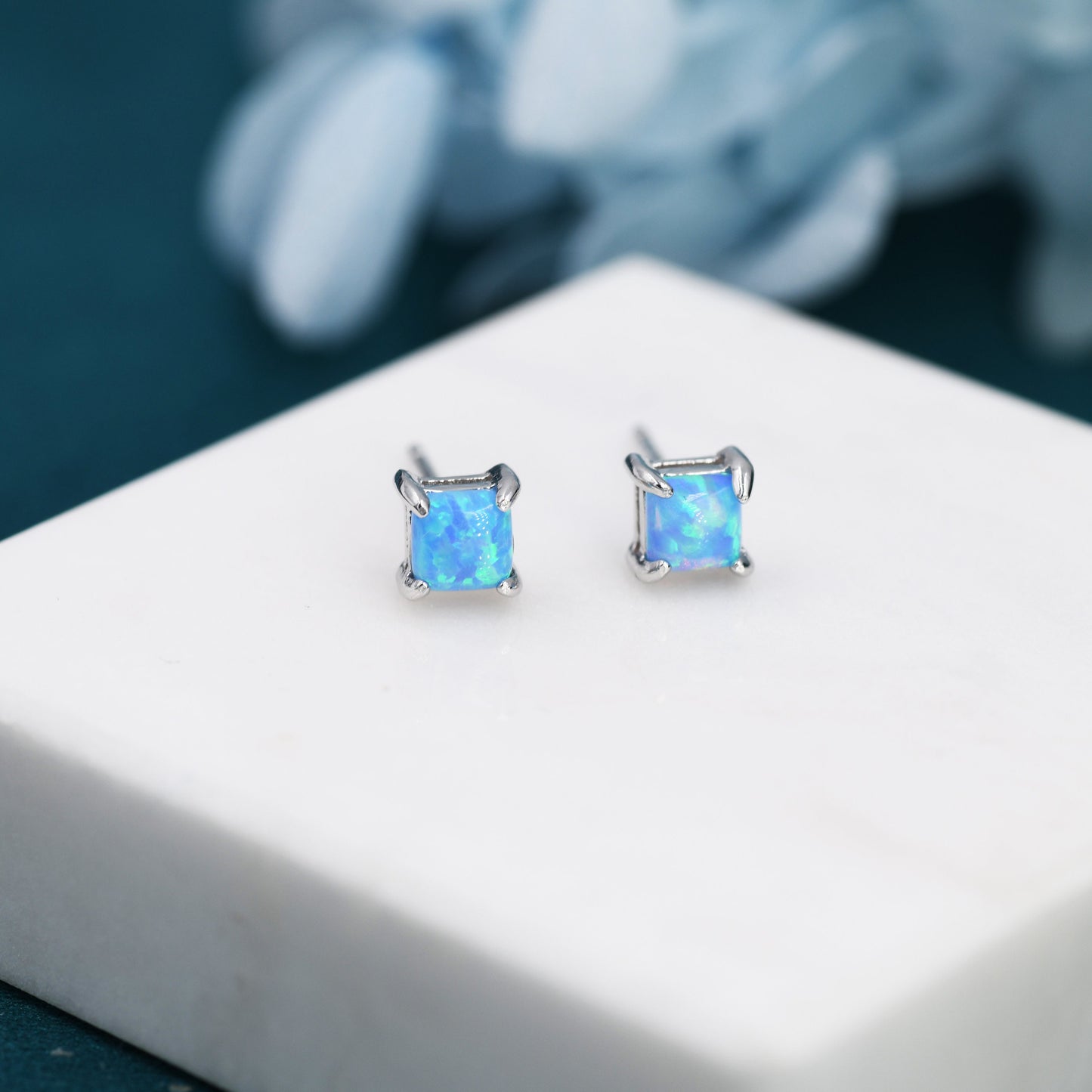 Blue Opal Square Stud Earrings in Sterling Silver - Gold or Silver - Opal Cube Earrings - Petite Stud Earrings, Blue Opal, Square Shape