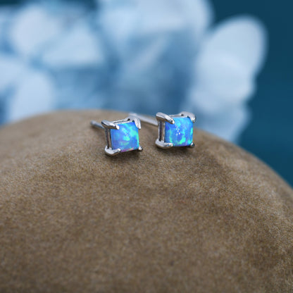 Blue Opal Square Stud Earrings in Sterling Silver - Gold or Silver - Opal Cube Earrings - Petite Stud Earrings, Blue Opal, Square Shape