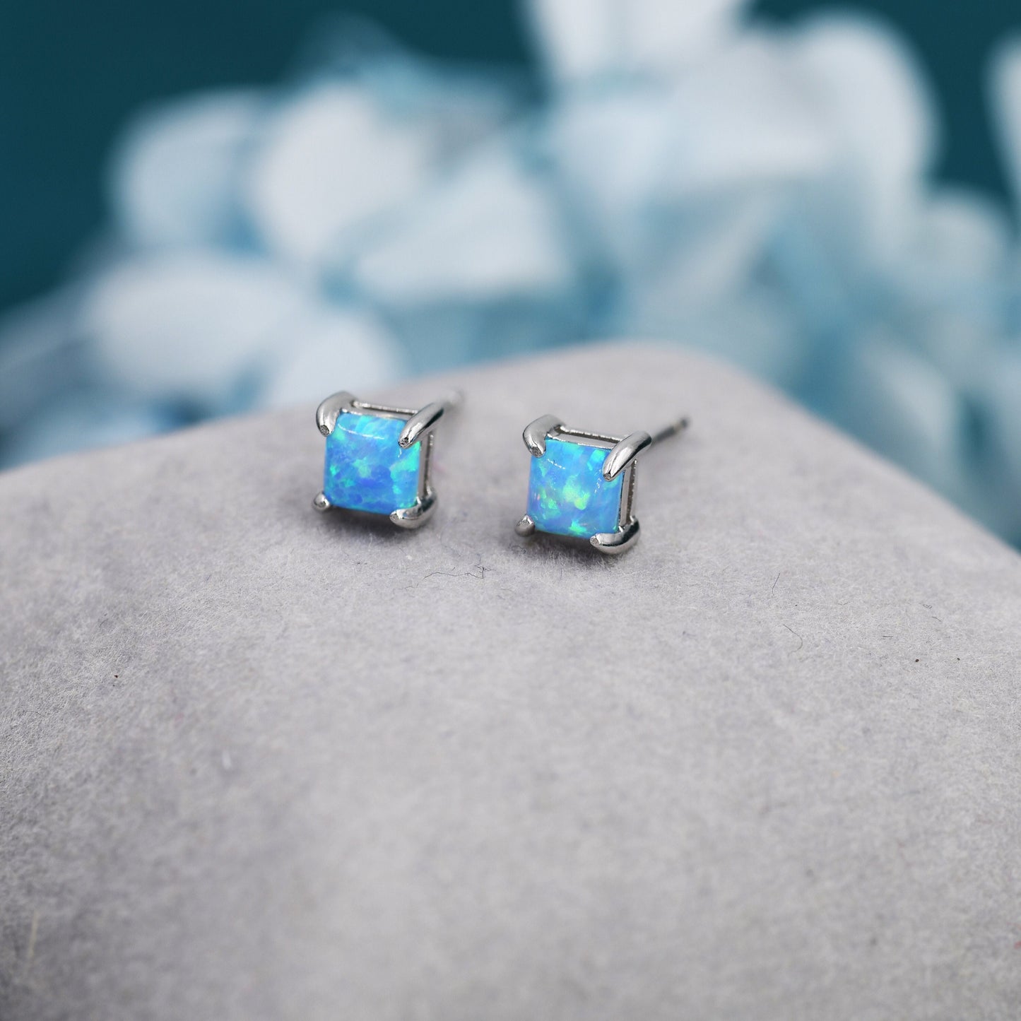 Blue Opal Square Stud Earrings in Sterling Silver - Gold or Silver - Opal Cube Earrings - Petite Stud Earrings, Blue Opal, Square Shape