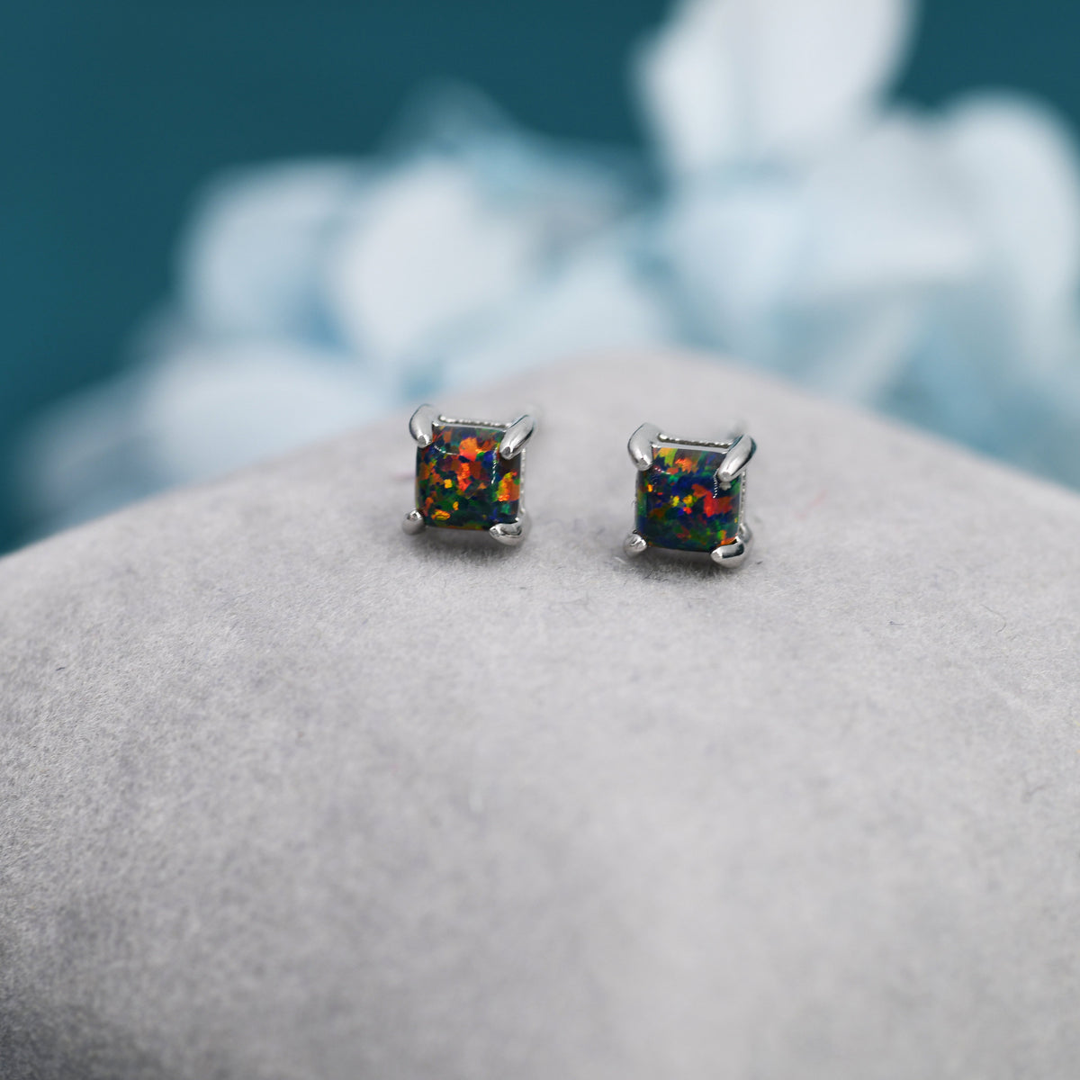 Black Opal Square Stud Earrings in Sterling Silver - Gold or Silver - Opal Cube Earrings - Petite Stud Earrings, Black Opal, Square Shape
