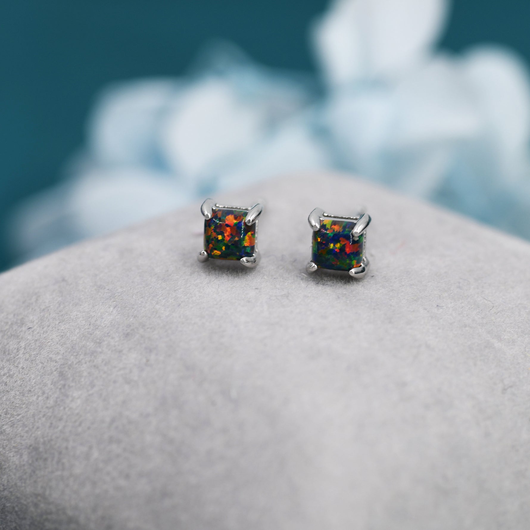 Black Opal Square Stud Earrings in Sterling Silver - Gold or Silver - Opal Cube Earrings - Petite Stud Earrings, Black Opal, Square Shape