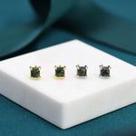 Black Opal Square Stud Earrings in Sterling Silver - Gold or Silver - Opal Cube Earrings - Petite Stud Earrings, Black Opal, Square Shape