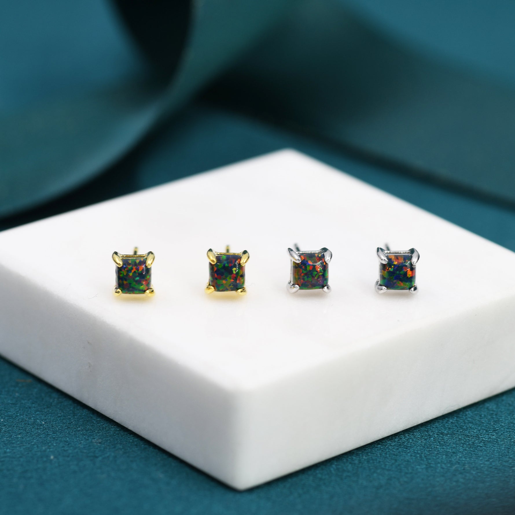 Black Opal Square Stud Earrings in Sterling Silver - Gold or Silver - Opal Cube Earrings - Petite Stud Earrings, Black Opal, Square Shape