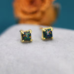 Black Opal Square Stud Earrings in Sterling Silver - Gold or Silver - Opal Cube Earrings - Petite Stud Earrings, Black Opal, Square Shape