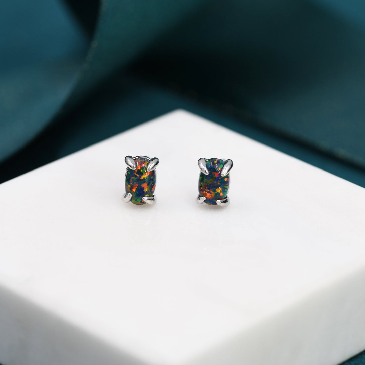 Black Opal Oval Stud Earrings in Sterling Silver - Gold or Silver - Opal Oval Earrings - Opal Prong Set  Earrings, Black  Opal