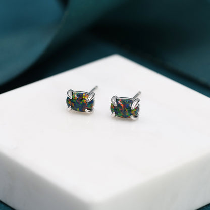 Black Opal Oval Stud Earrings in Sterling Silver - Gold or Silver - Opal Oval Earrings - Opal Prong Set  Earrings, Black  Opal