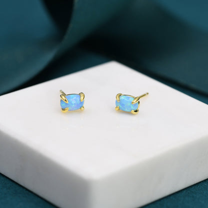 Blue Opal Oval Stud Earrings in Sterling Silver - Gold or Silver - Opal Oval Earrings - Opal Prong Set Earrings,Blue Opal
