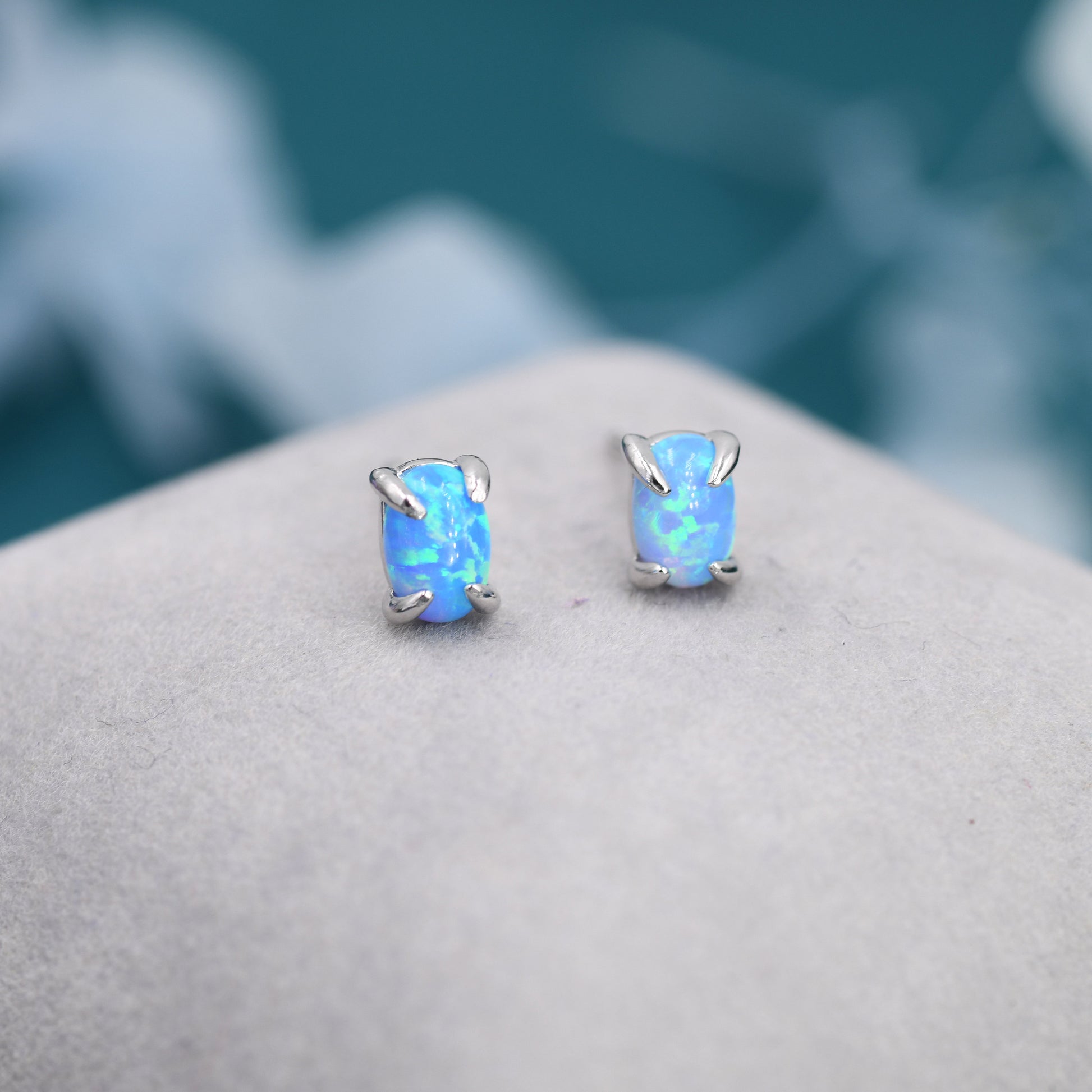 Blue Opal Oval Stud Earrings in Sterling Silver - Gold or Silver - Opal Oval Earrings - Opal Prong Set Earrings,Blue Opal
