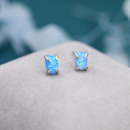 Blue Opal Oval Stud Earrings in Sterling Silver - Gold or Silver - Opal Oval Earrings - Opal Prong Set Earrings,Blue Opal