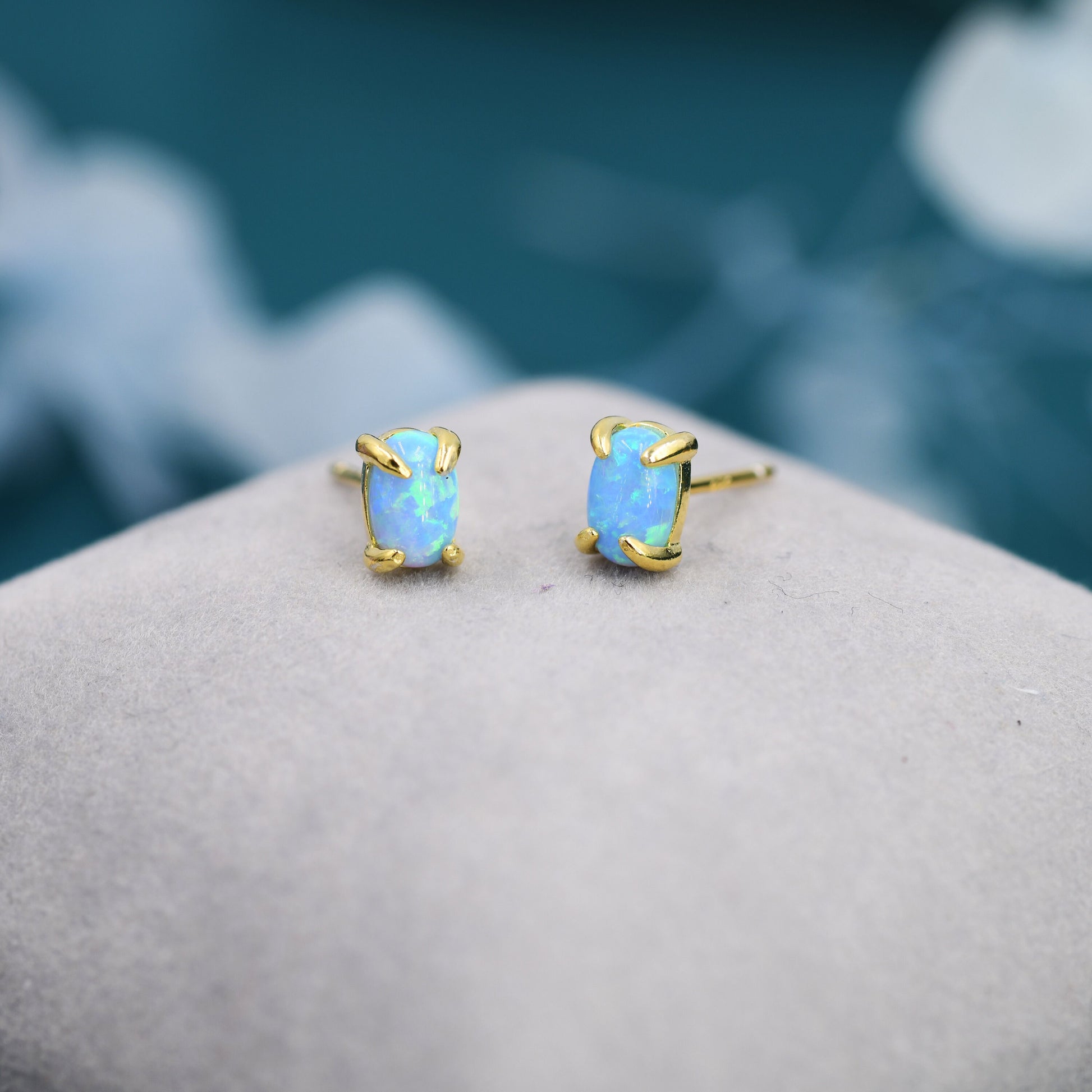 Blue Opal Oval Stud Earrings in Sterling Silver - Gold or Silver - Opal Oval Earrings - Opal Prong Set Earrings,Blue Opal