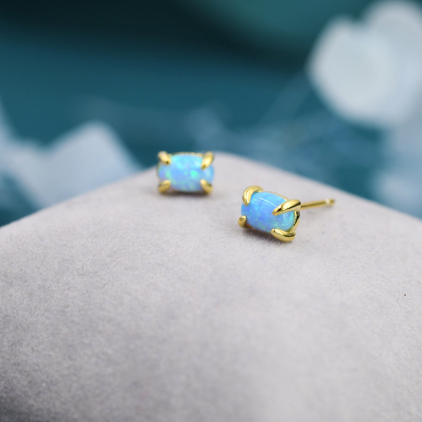 Blue Opal Oval Stud Earrings in Sterling Silver - Gold or Silver - Opal Oval Earrings - Opal Prong Set  Earrings,Blue Opal