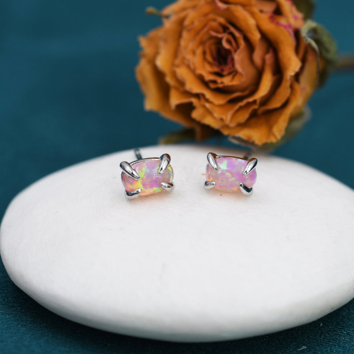 Pink Opal Oval Stud Earrings in Sterling Silver - Gold or Silver - Opal Oval Earrings - Opal Prong Set Earrings, Pink Opal