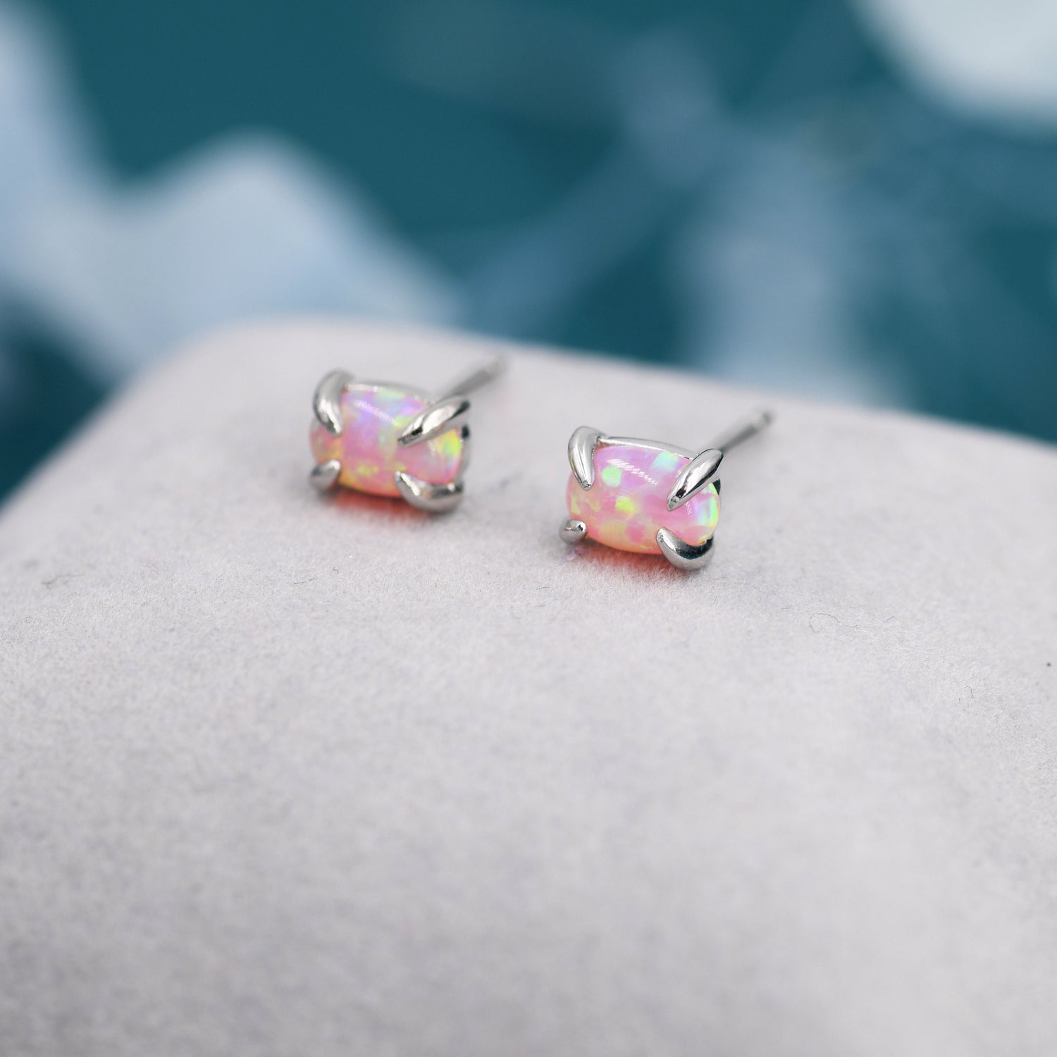 Pink Opal Oval Stud Earrings in Sterling Silver - Gold or Silver - Opal Oval Earrings - Opal Prong Set Earrings, Pink Opal
