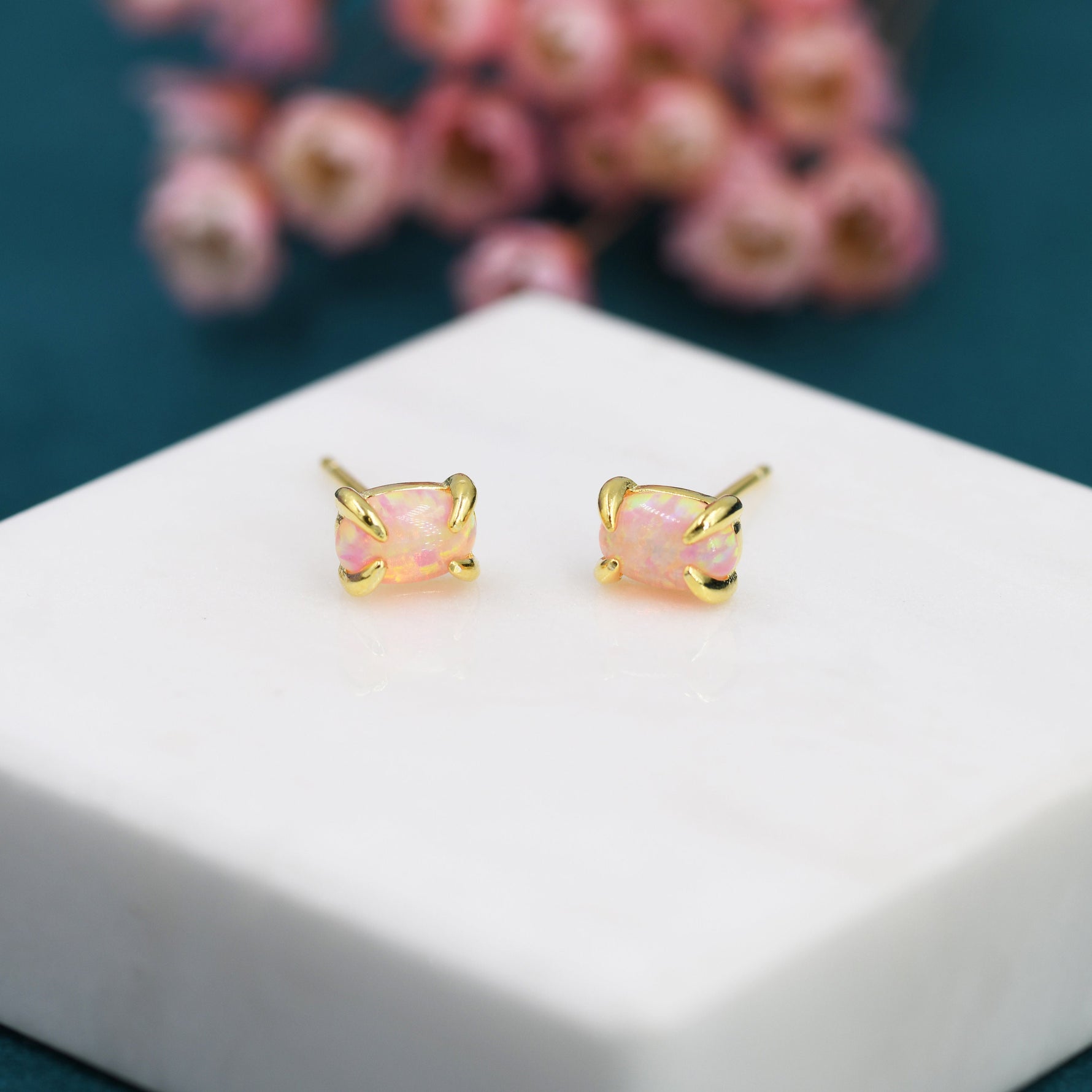 Pink Opal Oval Stud Earrings in Sterling Silver - Gold or Silver - Opal Oval Earrings - Opal Prong Set Earrings, Pink Opal
