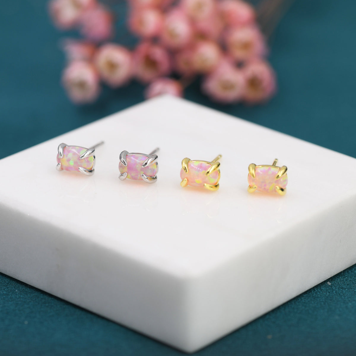 Pink Opal Oval Stud Earrings in Sterling Silver - Gold or Silver - Opal Oval Earrings - Opal Prong Set Earrings, Pink Opal