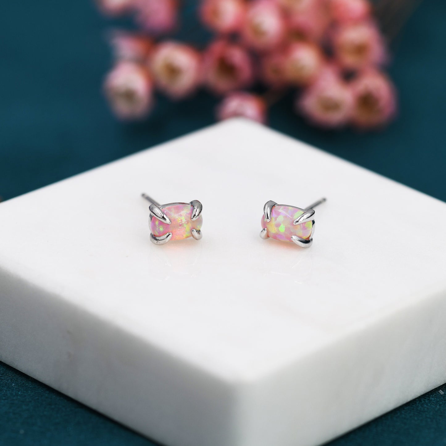 Pink Opal Oval Stud Earrings in Sterling Silver - Gold or Silver - Opal Oval Earrings - Opal Prong Set  Earrings, Pink Opal