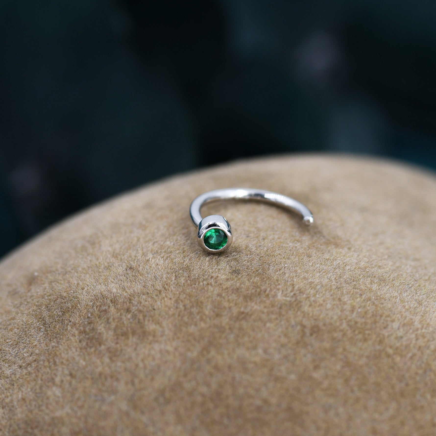 2mm Emerald Green CZ Huggie Hoop Earrings in Sterling Silver, Silver, or Gold, Half Hoop, Open Hoop, Pull Through, Dainty Earrings