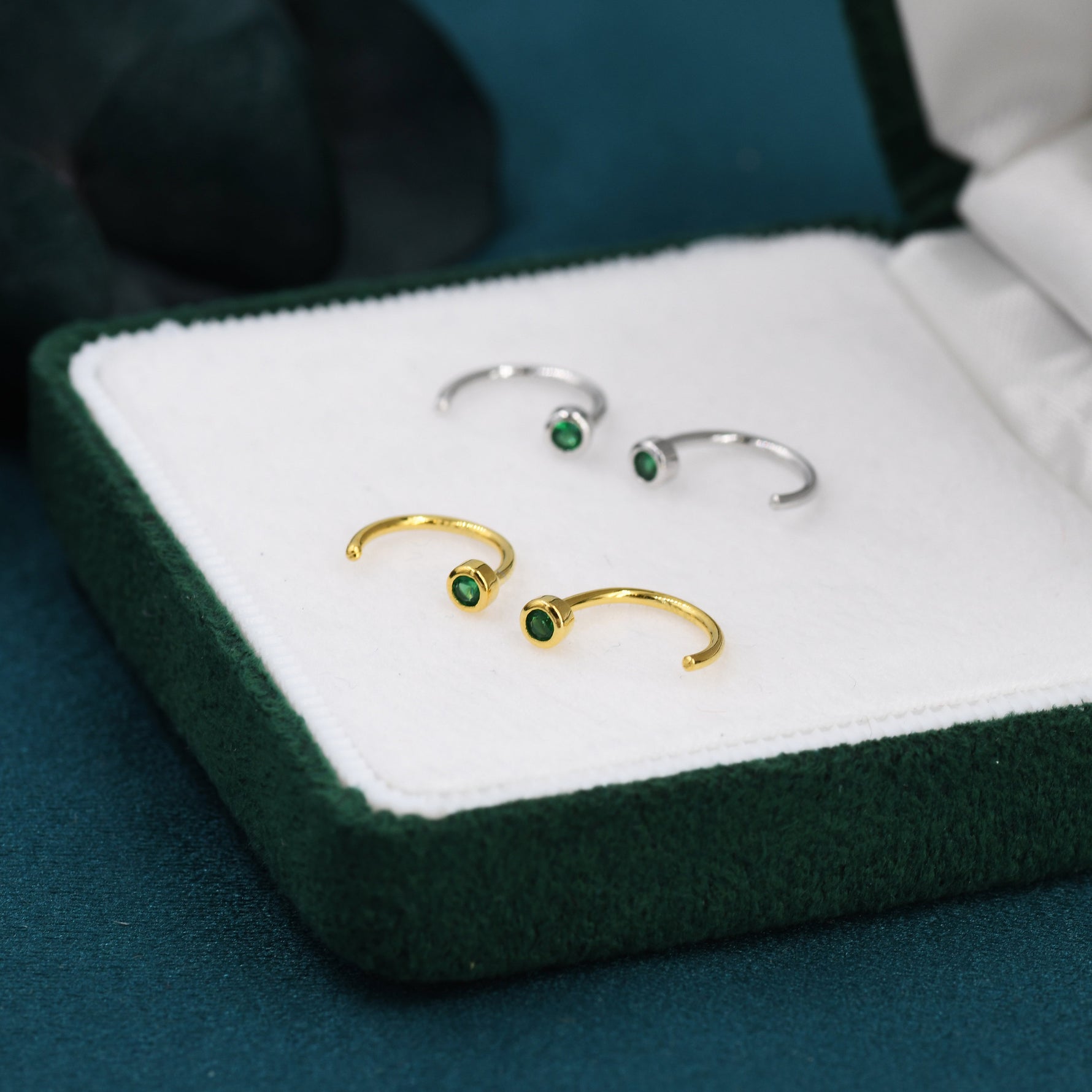 2mm Emerald Green CZ Huggie Hoop Earrings in Sterling Silver, Silver, or Gold, Half Hoop, Open Hoop, Pull Through, Dainty Earrings