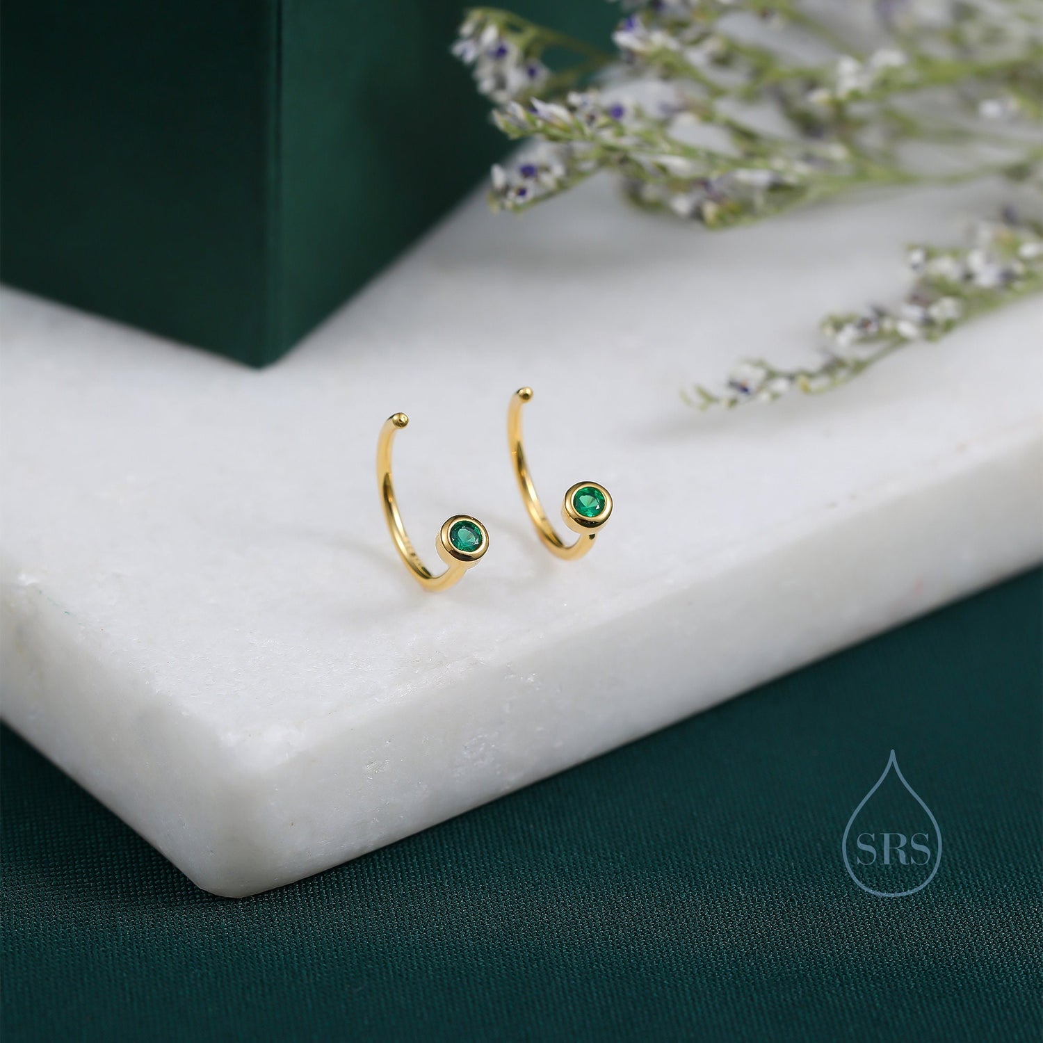 2mm Emerald Green CZ Huggie Hoop Earrings in Sterling Silver, Silver, or Gold, Half Hoop, Open Hoop, Pull Through, Dainty Earrings
