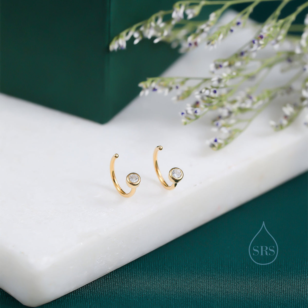 2mm Diamond CZ Huggie Hoop Earrings in Sterling Silver, Silver, or Gold, Half Hoop, Open Hoop, Pull Through, Dainty Earrings