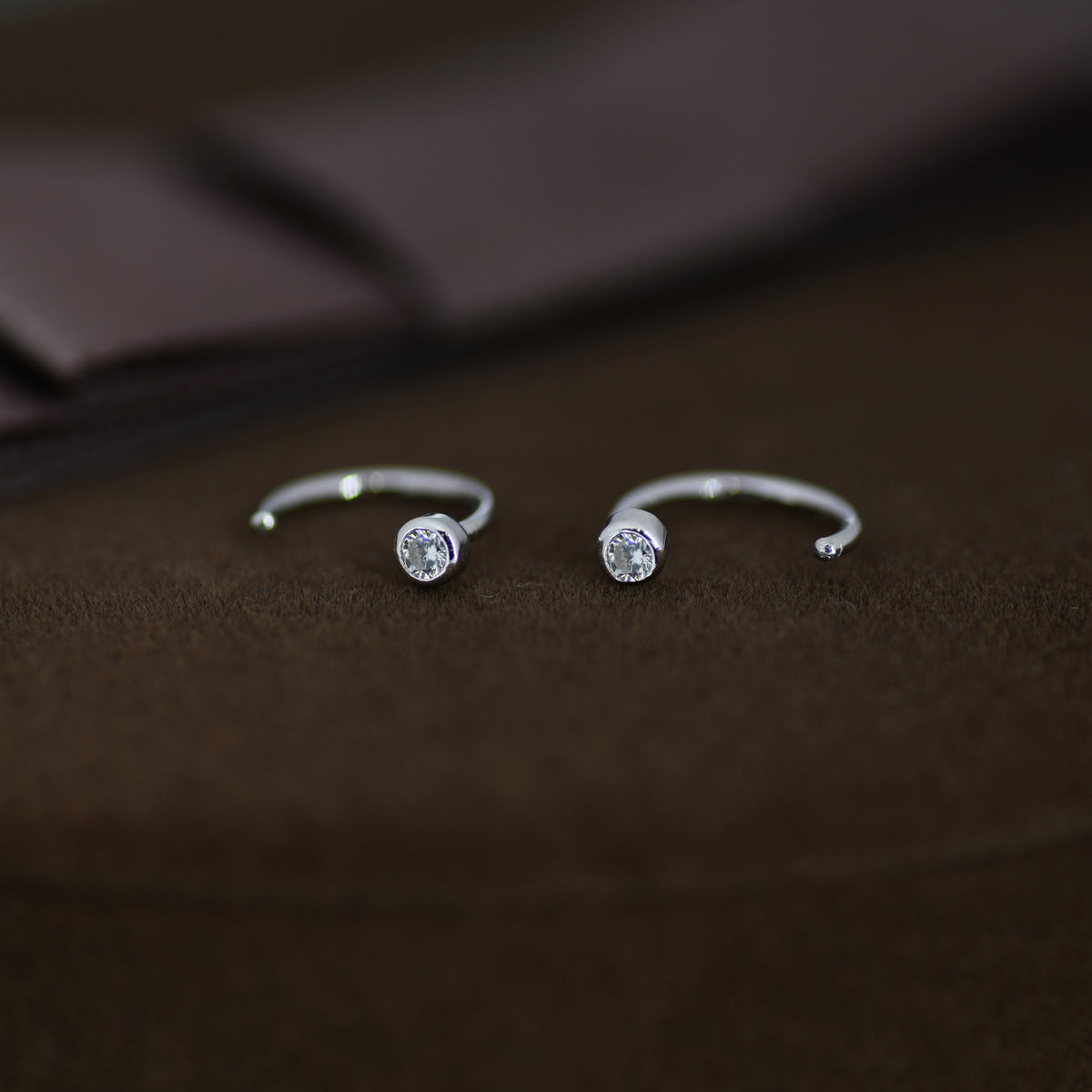 2mm Diamond CZ Huggie Hoop Earrings in Sterling Silver, Silver, or Gold, Half Hoop, Open Hoop, Pull Through, Dainty Earrings