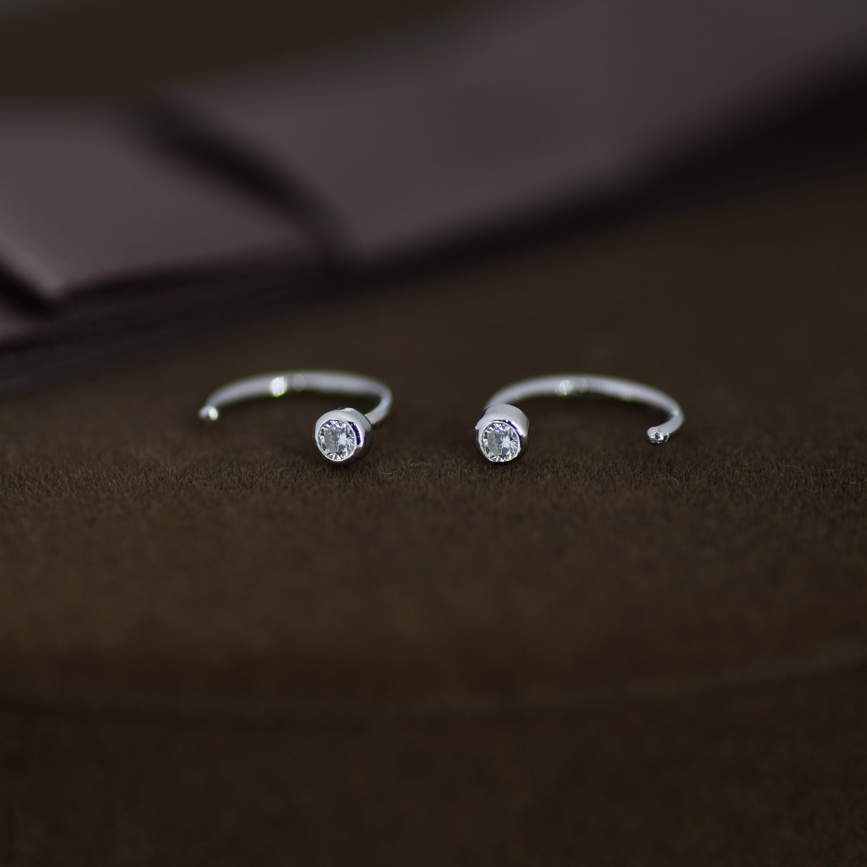 2mm Diamond CZ Huggie Hoop Earrings in Sterling Silver, Silver, or Gold, Half Hoop, Open Hoop, Pull Through, Dainty Earrings