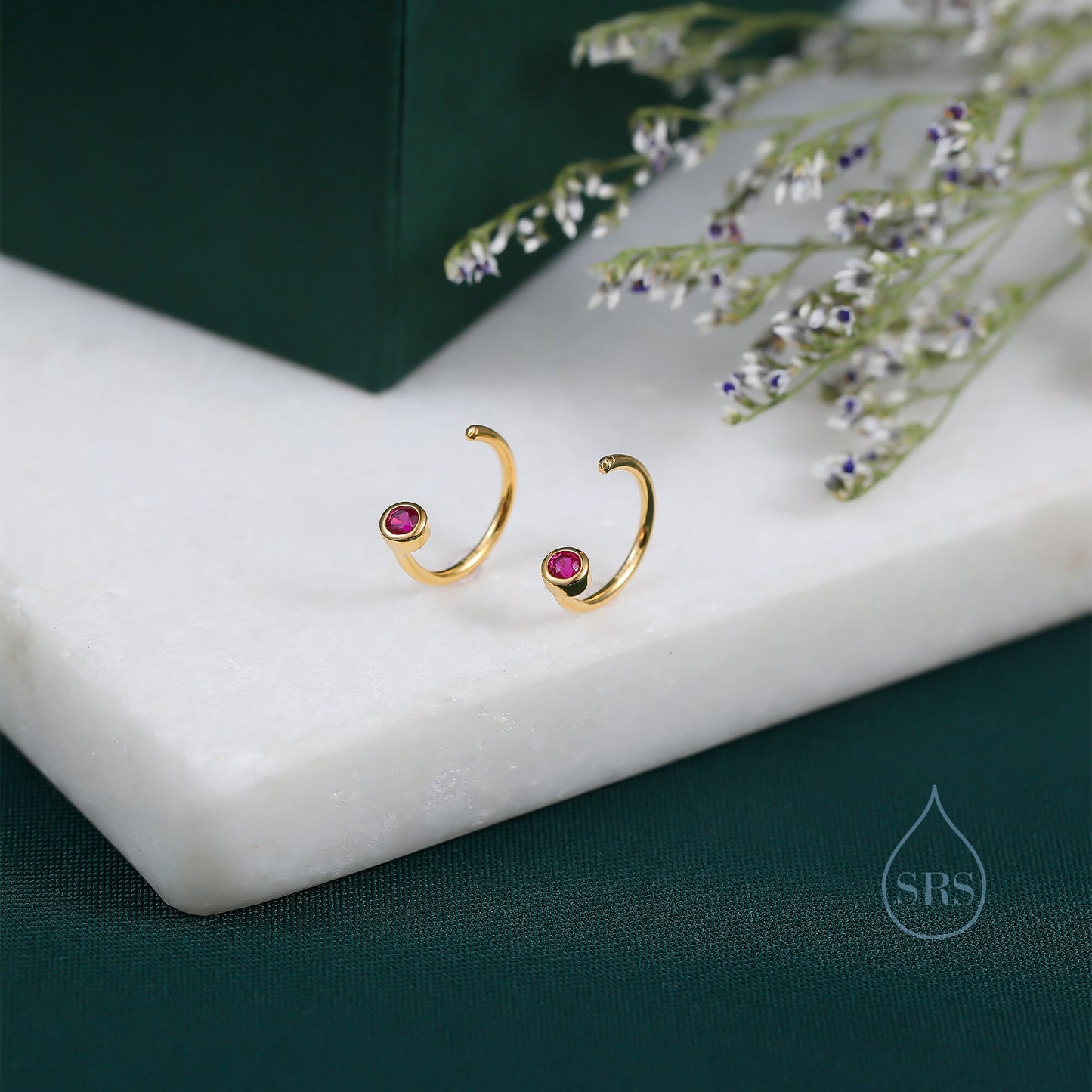 2mm Ruby Pink CZ Huggie Hoop Earrings in Sterling Silver, Silver, or Gold, Half Hoop, Open Hoop, Pull Through, July Birthstone