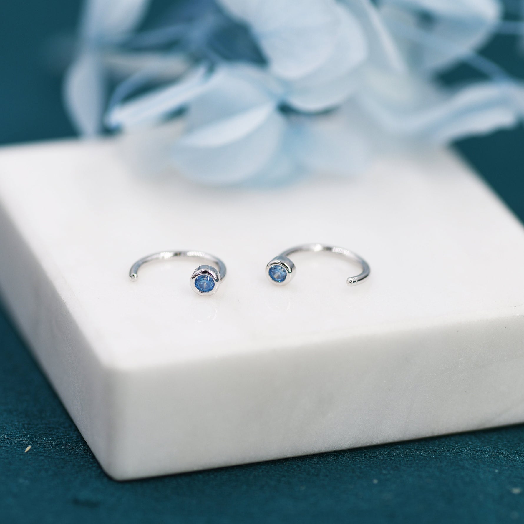 2mm Aquamarine Blue CZ Huggie Hoop Earrings in Sterling Silver, Half Hoop, Open Hoop, Pull Through, Dainty Earrings, March Birthstone